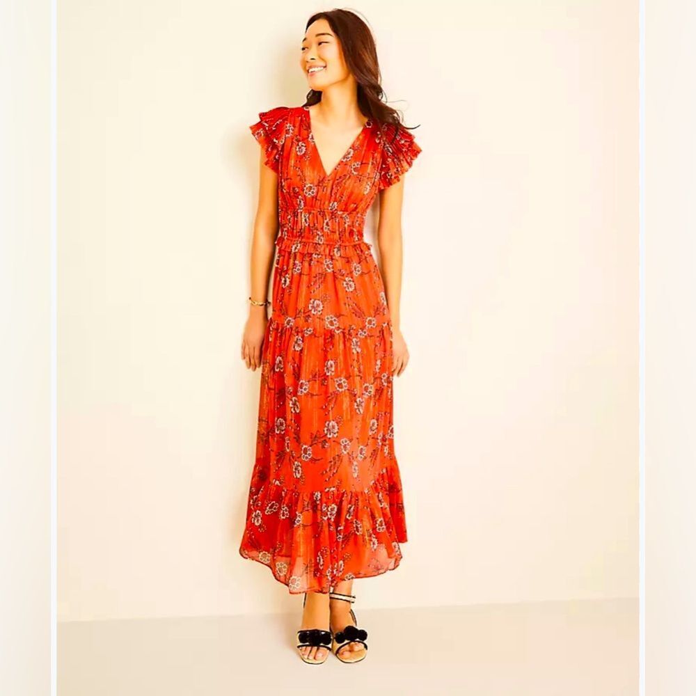 NWOT Shimmer Floral Flutter Sleeve Maxi Dress